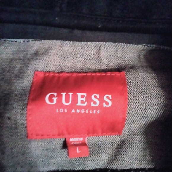 Guess (Size L) Dark Wash Distressed Denim & Hooded Combo Sweater Jacket - Picture 5 of 9